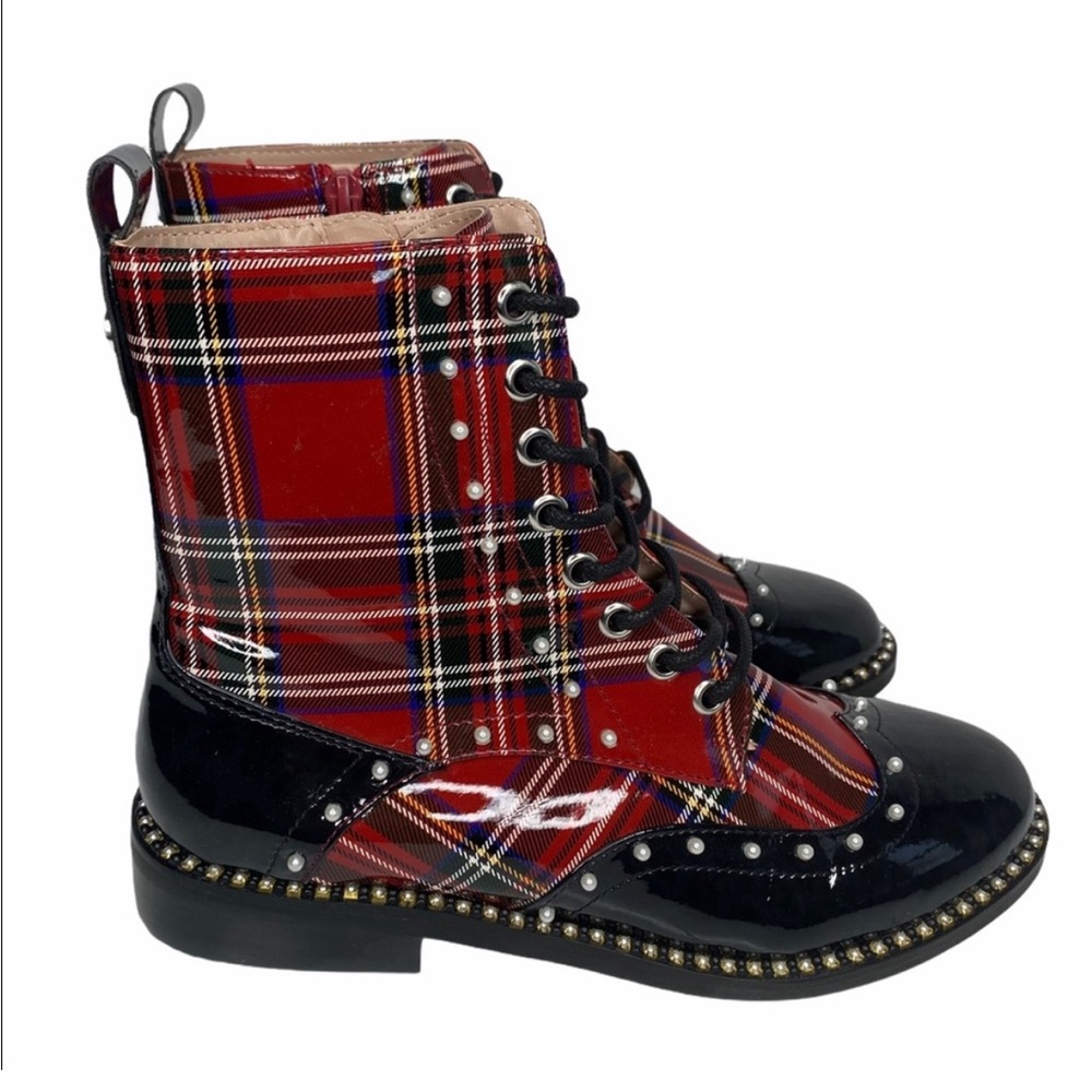 Betsey Johnson Reyna Red Plaid Combat Boots 7